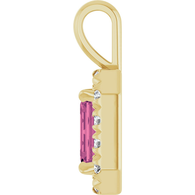 14K Gold Emerald Natural Pink Tourmaline Halo-Style Necklace or Pendant - Yellow Gold - view 3