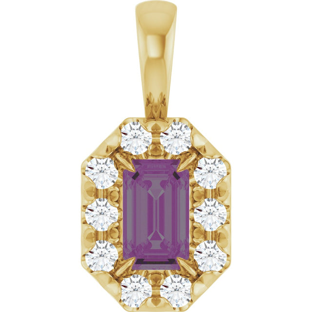 14K Gold Emerald Lab-Grown Alexandrite Halo-Style Necklace or Pendant - Yellow Gold