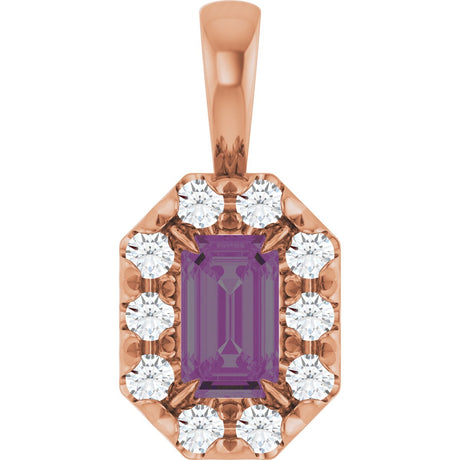 14K Gold Emerald Lab-Grown Alexandrite Halo-Style Necklace or Pendant - Rose Gold