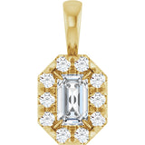 14K Gold Emerald Natural White Sapphire Halo-Style Necklace or Pendant - Yellow Gold