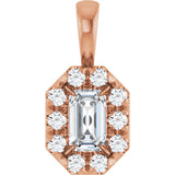 14K Gold Emerald Natural White Sapphire Halo-Style Necklace or Pendant - Rose Gold