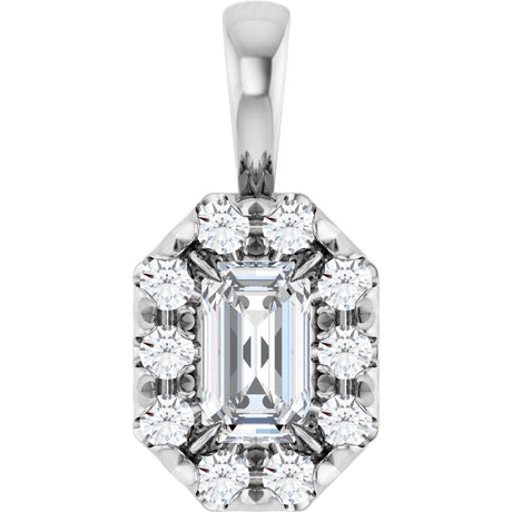 14K Gold Emerald Natural White Sapphire Halo-Style Necklace or Pendant - White Gold