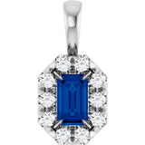 14K Gold Emerald Lab-Grown Blue Sapphire Halo-Style Necklace or Pendant - White Gold