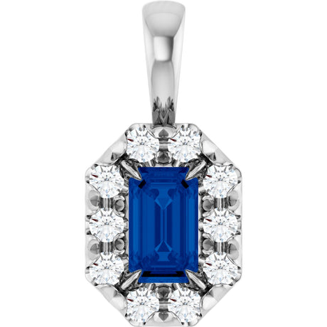 Platinum Emerald Lab-Grown Blue Sapphire Halo-Style Necklace or Pendant