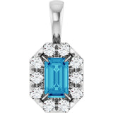 14K Gold Emerald Natural Blue Zircon Halo-Style Necklace or Pendant - White Gold