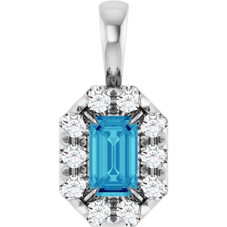 14K Gold Emerald Natural Blue Zircon Halo-Style Necklace or Pendant - White Gold
