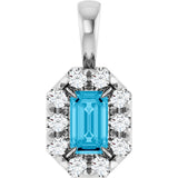 14K Gold Emerald Natural Aquamarine Halo-Style Necklace or Pendant - White Gold