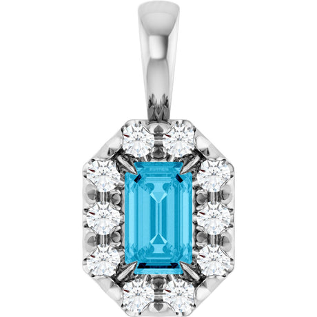 14K Gold Emerald Natural Aquamarine Halo-Style Necklace or Pendant - White Gold