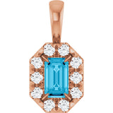 14K Gold Emerald Natural Aquamarine Halo-Style Necklace or Pendant - Rose Gold