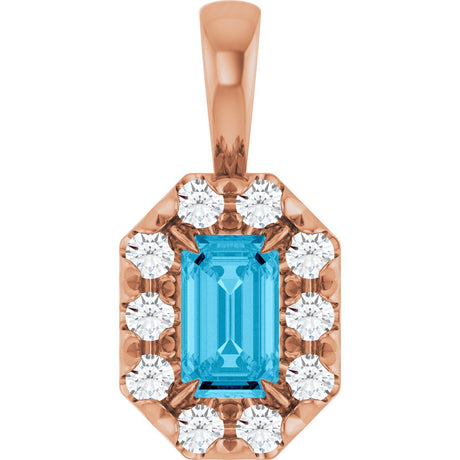 14K Gold Emerald Natural Aquamarine Halo-Style Necklace or Pendant - Rose Gold