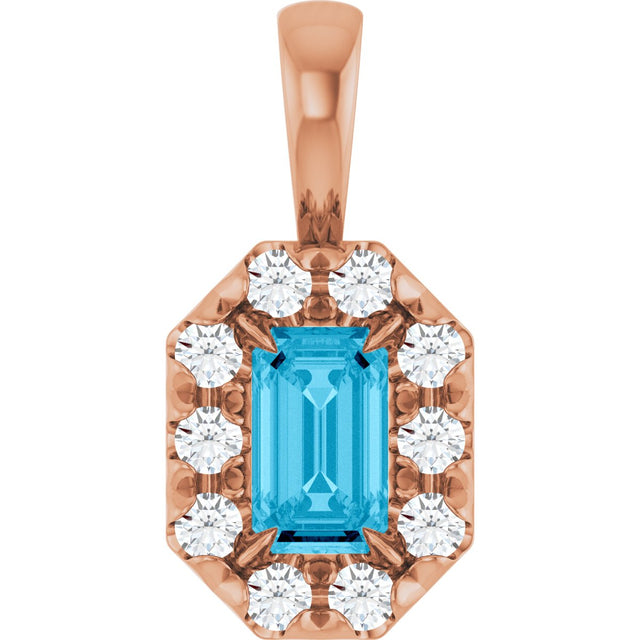 14K Gold Emerald Natural Aquamarine Halo-Style Necklace or Pendant - Rose Gold