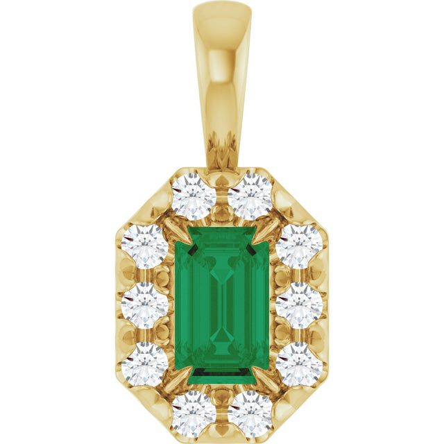 14K Gold Emerald Natural Emerald Halo-Style Necklace or Pendant - Yellow Gold