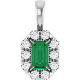 14K Gold Emerald Lab-Grown Emerald Halo-Style Necklace or Pendant - White Gold