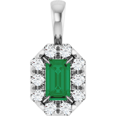 14K Gold Emerald Lab-Grown Emerald Halo-Style Necklace or Pendant - White Gold