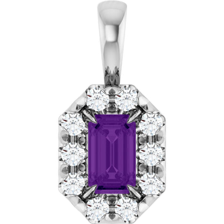 14K Gold Emerald Natural Amethyst Halo-Style Necklace or Pendant - White Gold