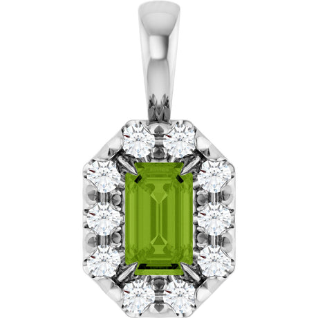 14K Gold Emerald Natural Peridot Halo-Style Necklace or Pendant - White Gold