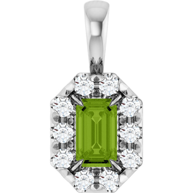 14K Gold Emerald Natural Peridot Halo-Style Necklace or Pendant - White Gold