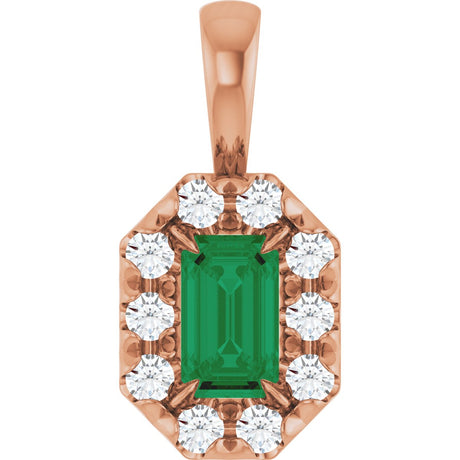 14K Gold Emerald Lab-Grown Emerald Halo-Style Necklace or Pendant - Rose Gold