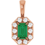 14K Gold Emerald Natural Emerald Halo-Style Necklace or Pendant - Rose Gold