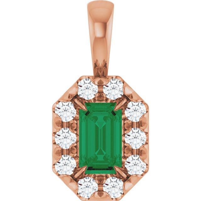 14K Gold Emerald Natural Emerald Halo-Style Necklace or Pendant - Rose Gold