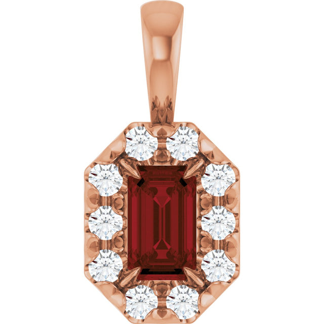 14K Gold Emerald Natural Mozambique Garnet Halo-Style Necklace or Pendant - Rose Gold