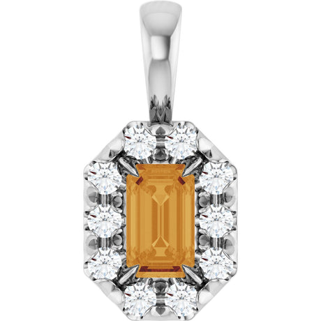 14K Gold Emerald Natural Citrine Halo-Style Necklace or Pendant - White Gold