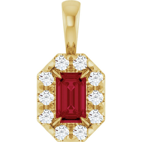 14K Gold Emerald Lab-Grown Ruby Halo-Style Necklace or Pendant - Yellow Gold
