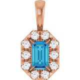 14K Gold Emerald Natural Blue Zircon Halo-Style Necklace or Pendant - Rose Gold