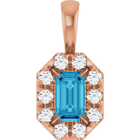 14K Gold Emerald Natural Blue Zircon Halo-Style Necklace or Pendant - Rose Gold
