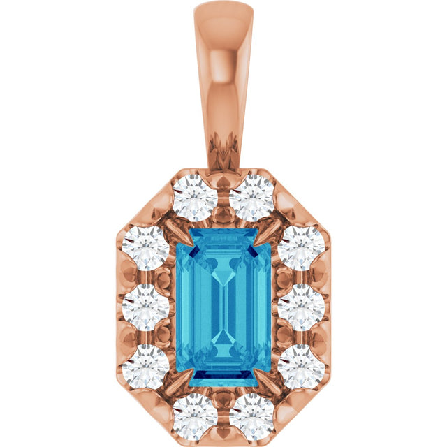 14K Gold Emerald Natural Blue Zircon Halo-Style Necklace or Pendant - Rose Gold
