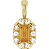 14K Gold Emerald Natural Citrine Halo-Style Necklace or Pendant - Yellow Gold
