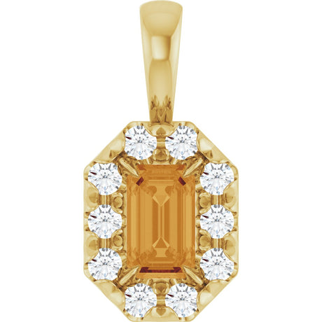 14K Gold Emerald Natural Citrine Halo-Style Necklace or Pendant - Yellow Gold