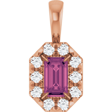 14K Gold Emerald Natural Pink Tourmaline Halo-Style Necklace or Pendant - Rose Gold