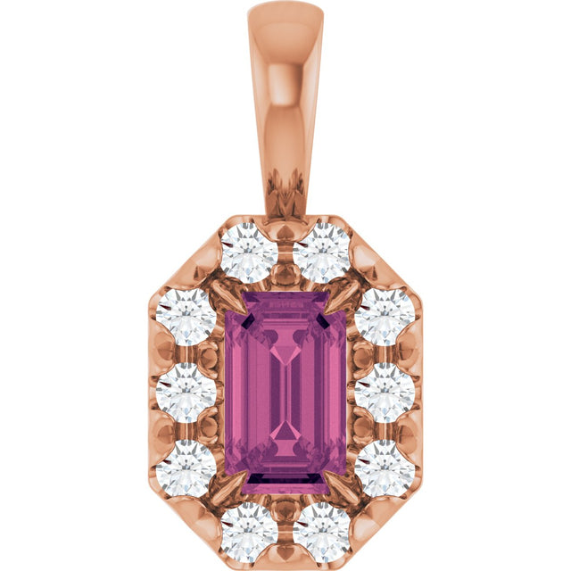 14K Gold Emerald Natural Pink Tourmaline Halo-Style Necklace or Pendant - Rose Gold