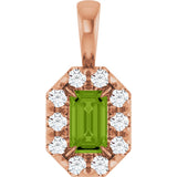 14K Gold Emerald Natural Peridot Halo-Style Necklace or Pendant - Rose Gold