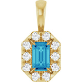 14K Gold Emerald Natural Blue Zircon Halo-Style Necklace or Pendant - Yellow Gold
