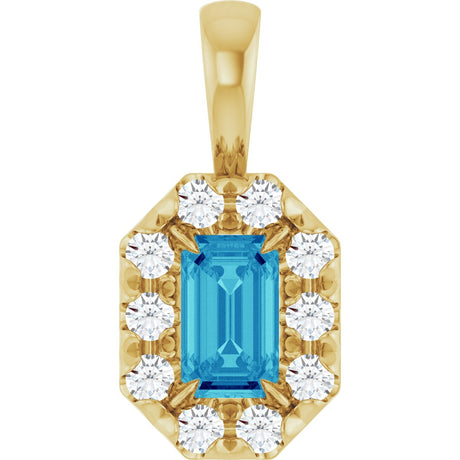 14K Gold Emerald Natural Blue Zircon Halo-Style Necklace or Pendant - Yellow Gold