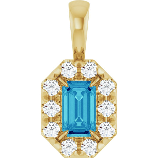 14K Gold Emerald Natural Blue Zircon Halo-Style Necklace or Pendant - Yellow Gold