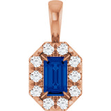 14K Gold Emerald Natural Blue Sapphire Halo-Style Necklace or Pendant - Rose Gold