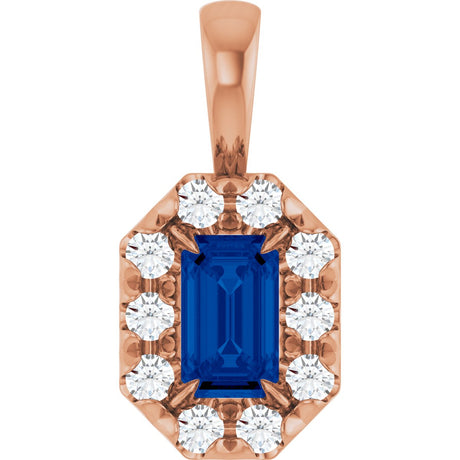 14K Gold Emerald Natural Blue Sapphire Halo-Style Necklace or Pendant - Rose Gold