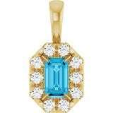 14K Gold Emerald Natural Aquamarine Halo-Style Necklace or Pendant - Yellow Gold