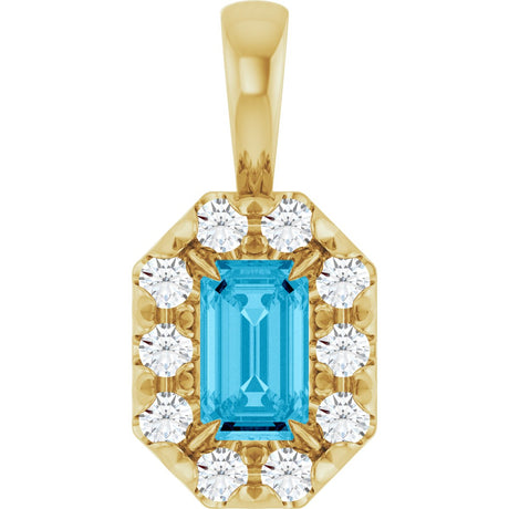 14K Gold Emerald Natural Aquamarine Halo-Style Necklace or Pendant - Yellow Gold