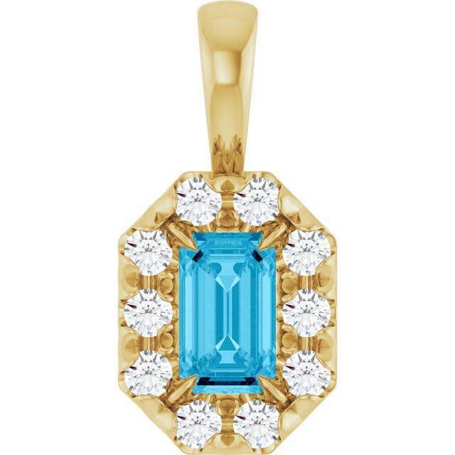 14K Gold Emerald Natural Aquamarine Halo-Style Necklace or Pendant - Yellow Gold