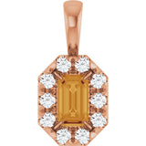 14K Gold Emerald Natural Citrine Halo-Style Necklace or Pendant - Rose Gold