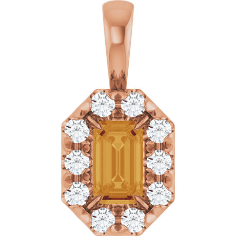 14K Gold Emerald Natural Citrine Halo-Style Necklace or Pendant - Rose Gold