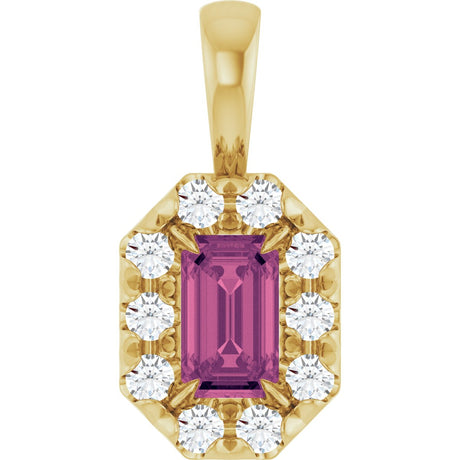 14K Gold Emerald Natural Pink Tourmaline Halo-Style Necklace or Pendant - Yellow Gold