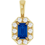 14K Gold Emerald Natural Blue Sapphire Halo-Style Necklace or Pendant - Yellow Gold