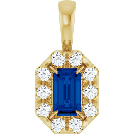 14K Gold Emerald Lab-Grown Blue Sapphire Halo-Style Necklace or Pendant - Yellow Gold