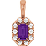 14K Gold Emerald Natural Amethyst Halo-Style Necklace or Pendant - Rose Gold