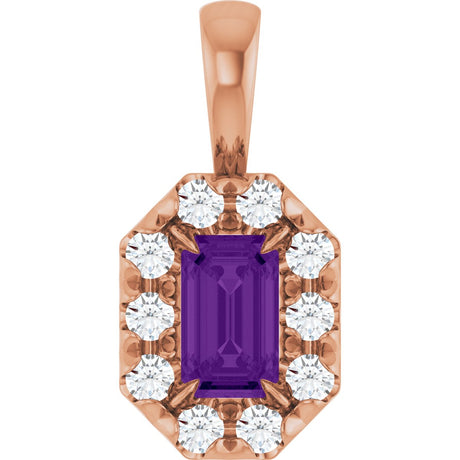 14K Gold Emerald Natural Amethyst Halo-Style Necklace or Pendant - Rose Gold